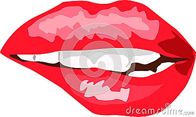 Lips bright scarlet with teeth beautiful smile sexy bite Vector Illustration